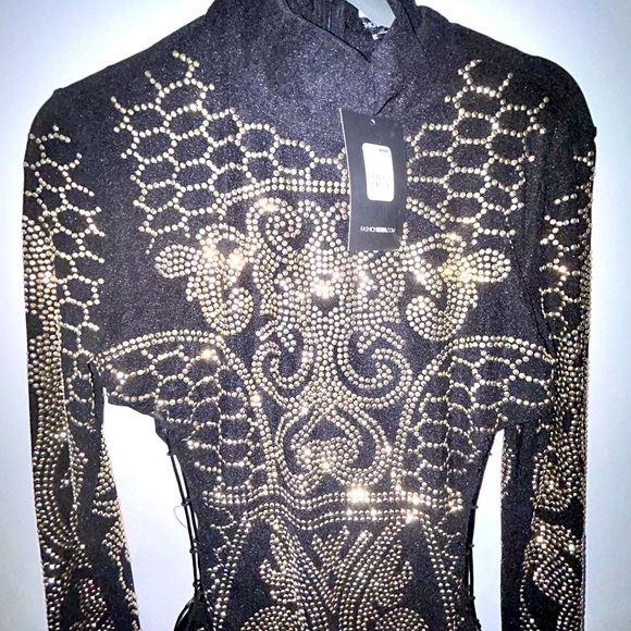 Gold Gem Cut-Out Dress with Mesh Sleeves - Picture 5 of 7